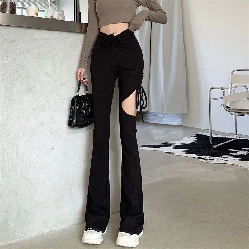 Hollow Out Women Flare Pants High Waist Streetwear Leisure Ladies Elegant Hot Sale Solid All-match Retro Minimalist Soft Bottoms