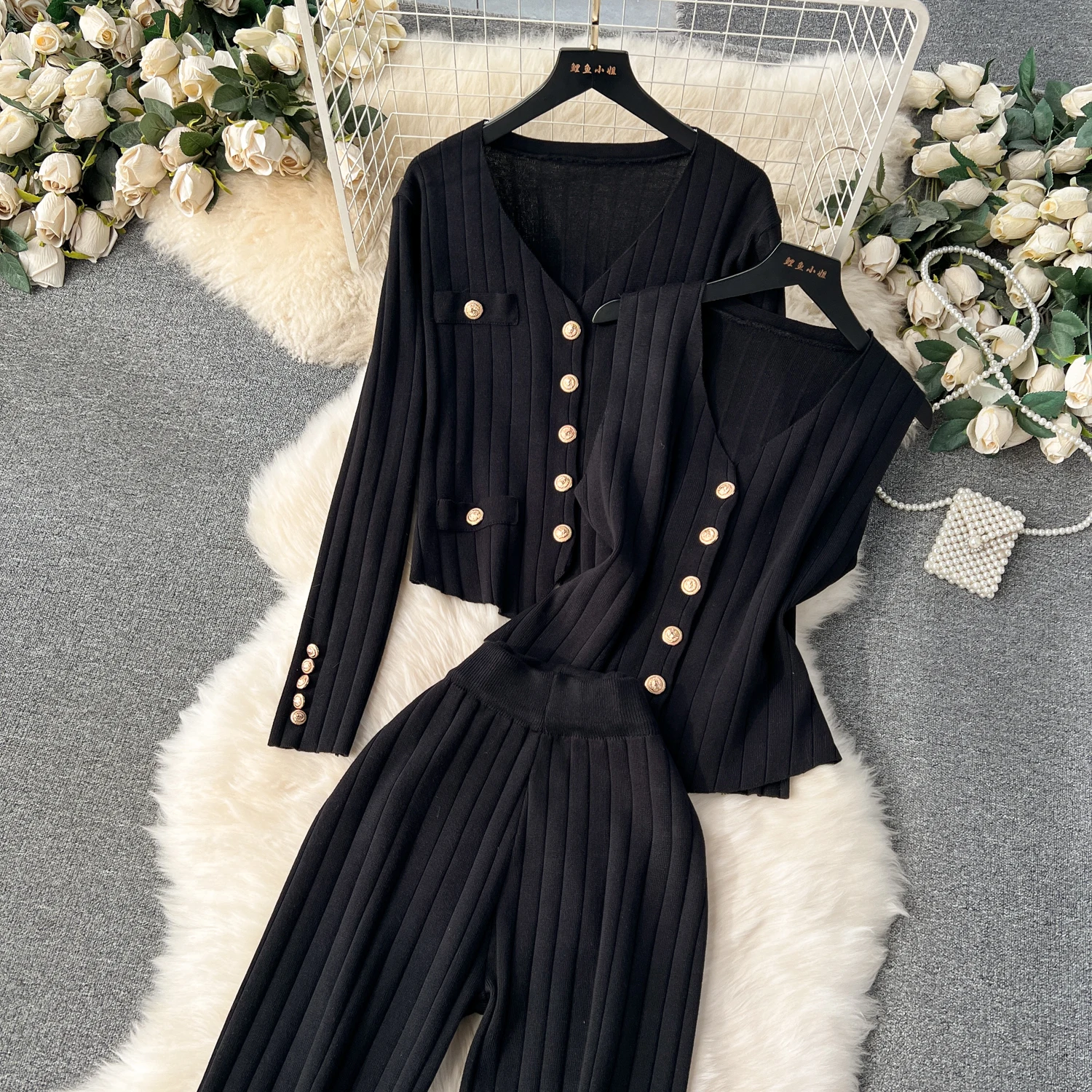 Luxury Autumn/Winter Three Piece Pants Set Women\'s Metal Buckle Vest+Knitted Cardigan+Wide Leg Pants Fashion 3-Piece Set