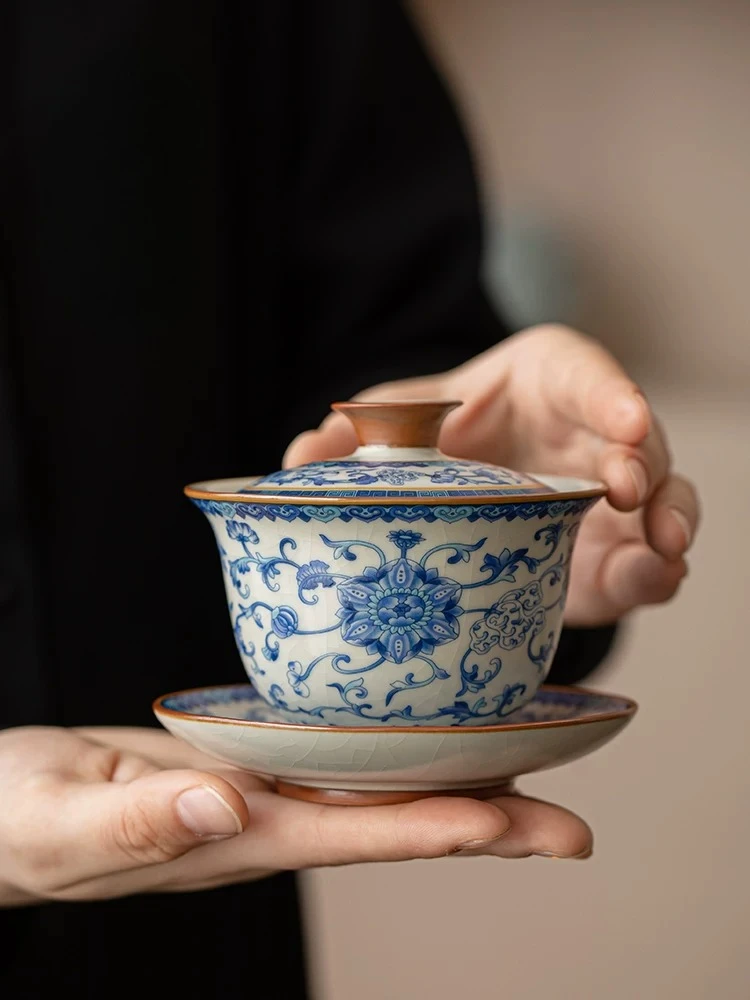PYH blue and white Ru kiln Sancai cover bowl teacup single high-end  three-piece set with lid tea bowl