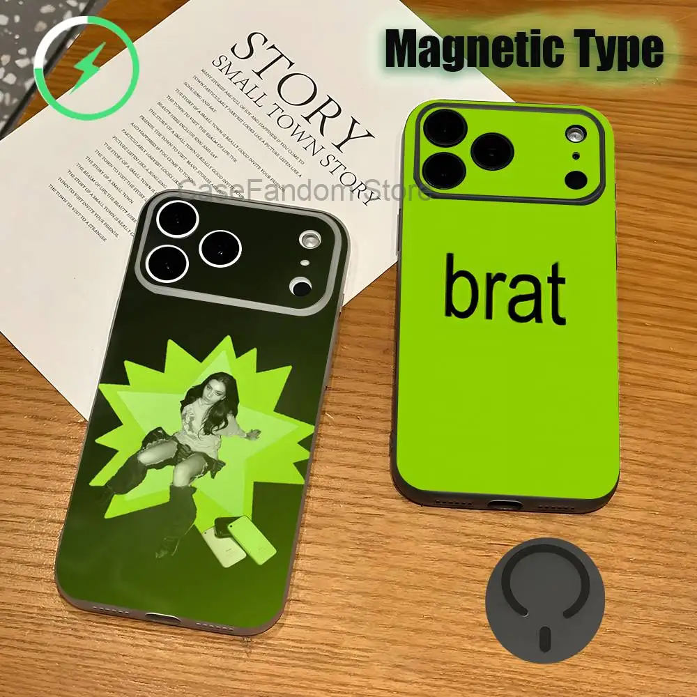 

Singer C-Charli XCX BRAT For iPhone 17,16,15,14,13,12,11,Pro,Max,Plus Magnetic Wireless Charging Transparent gray Phone Case