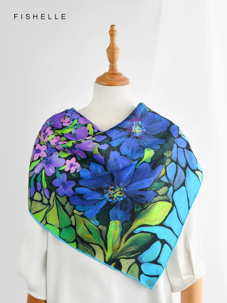 Bluish violet flower birds oil painting scarves women 100% natural silk twill 90*90 square scarf ladies bandana luxury hijab