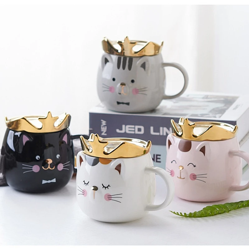 Cat Ceramic Cup Office Home Ceramic Mug Crown Cute Cat with Lid and Spoon Couple Water Cups Drinkware