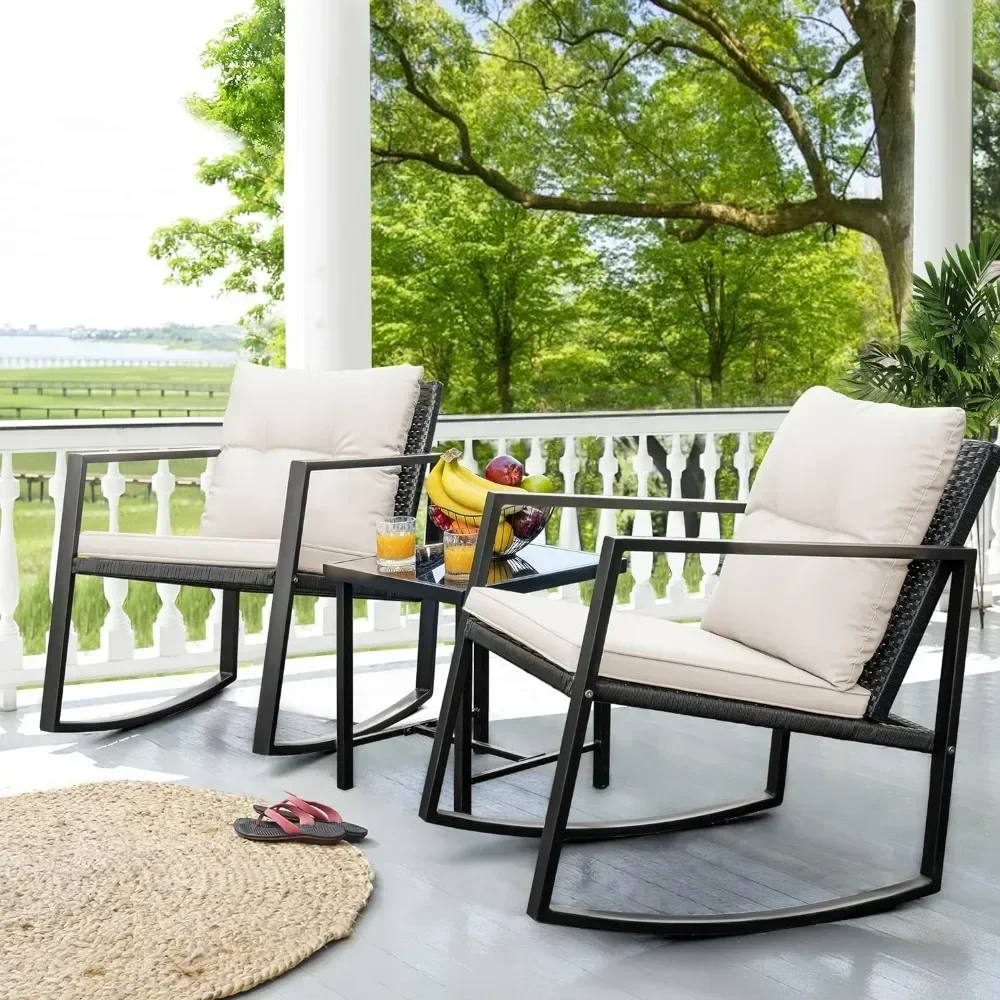 

Patio Chairs 3 Piece Outdoor Bistro Sets Coffee Table and Cushions Frame Patio Furniture for Porch,White Garden Furniture Sets