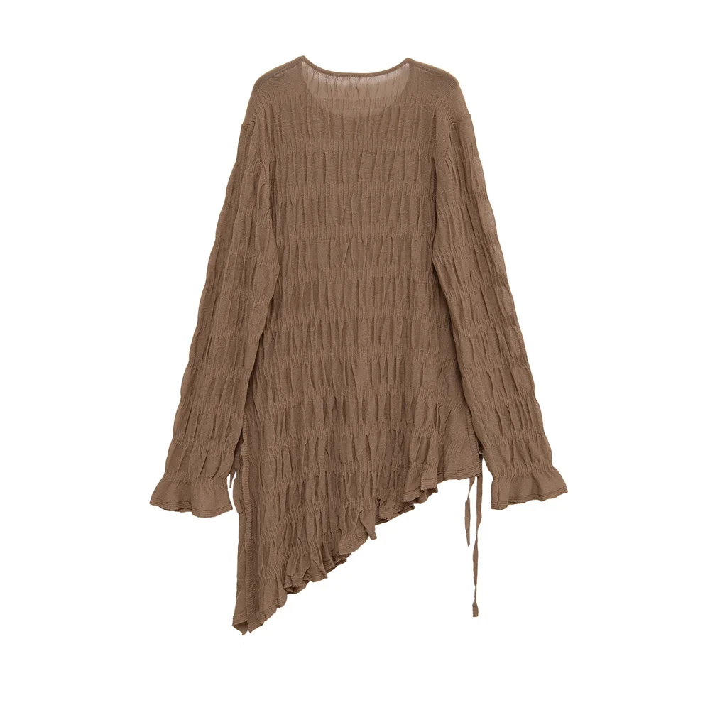 top da donna in maglia a maniche lunghe con scollo tondo pieghettato, vestibilità slim, vestibilità slim, nuovo stile temperamento