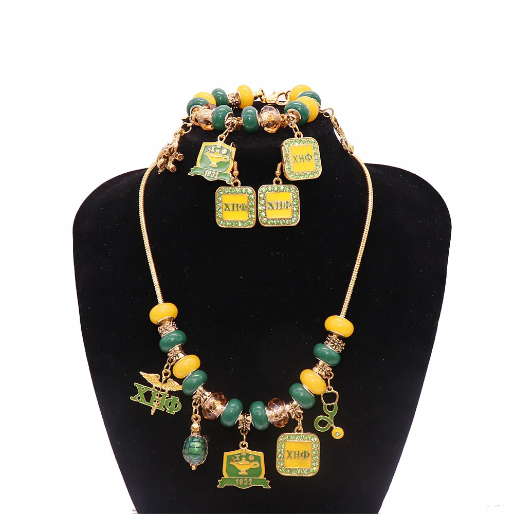 New Design Beaded Greek Sorority Since 1932 Yellow Green XHO Earrings Lady Sorority Chi Eta PHI Necklace Earring Bracelets Sets