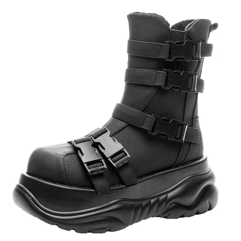 

2026 Women Niche Belt Buckle Thick-soled Big-head Punk Babes Small Height-increasing Warm Locomotive Boots