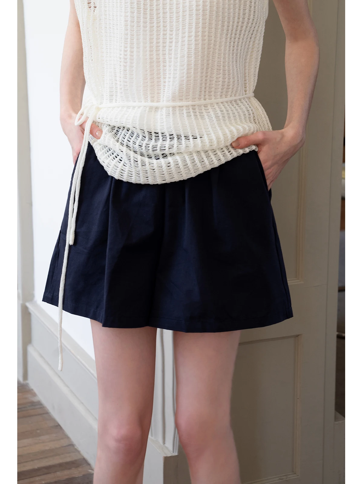 

EGGKA Pure Color Casual Cotton Feeling Women's ort Pants Summer Cool Loose Slimming Wide Leg Pants High Waist Elastic Waist