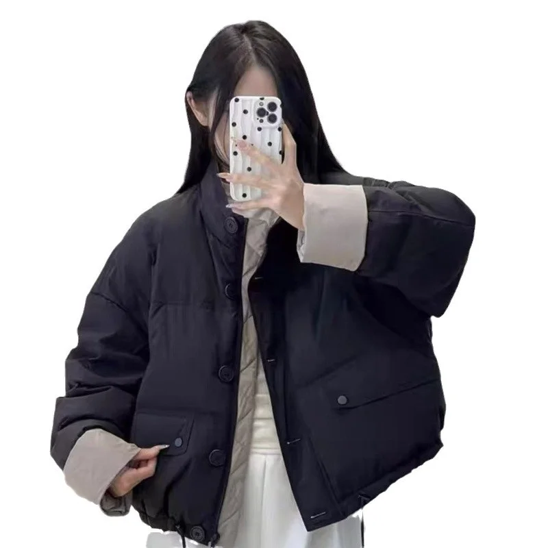 Oversized kort donsjack met contrasterende kleur voor dames 2025, nieuwe wintermode, veelzijdige pufferjas, verdikt