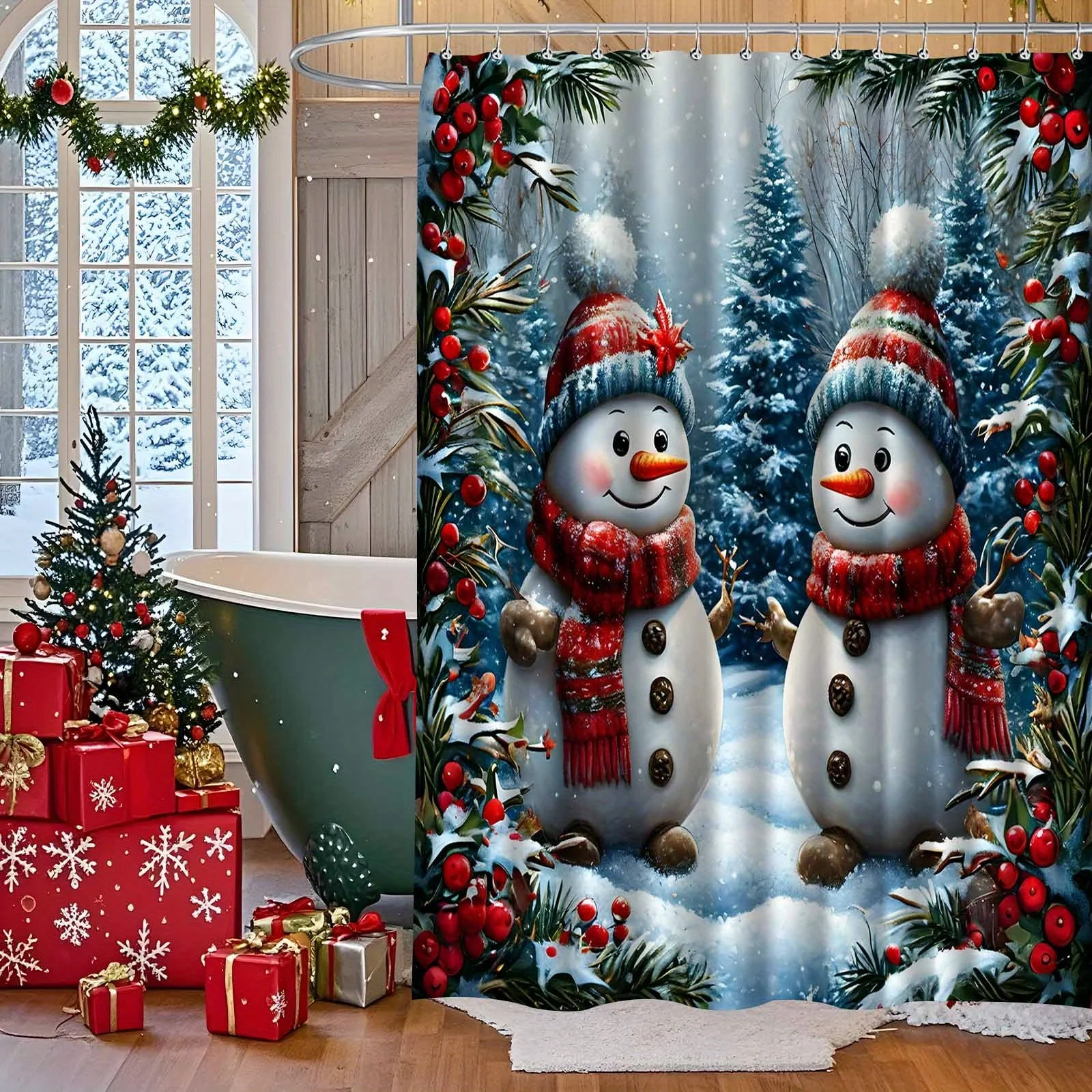 Vintage Festive Christmas Snowman Red Berry Pattern Holiday Luxury Shower Curtain With Hooks Fabric Bathroom Decor