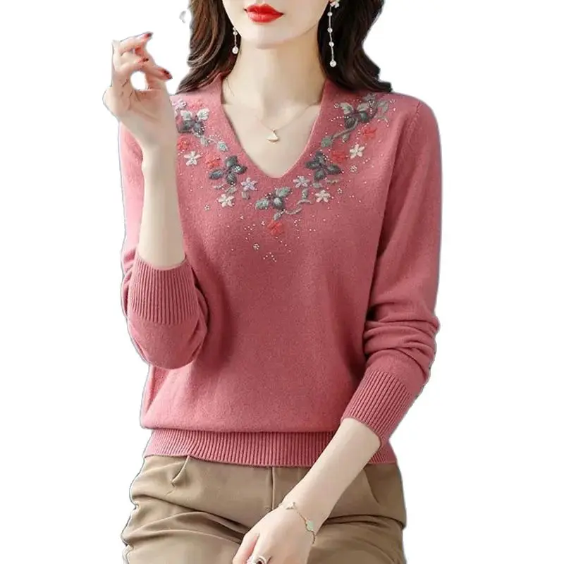 2023 New Fashion Embroidery Sweater Bottoming Shirt Spring Autumn Women\'s Knitwear Pullover Tops Casual Soft Knitted T-Shirt