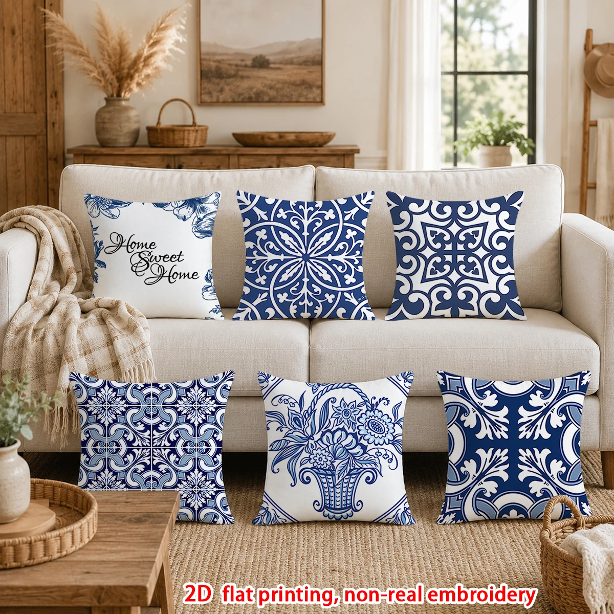 1pc  Blue and White Porcelain Style Throw Pillow Covers, Home Sweet Home Decorative Cushion Cases for Sofa Bedroom Living Room