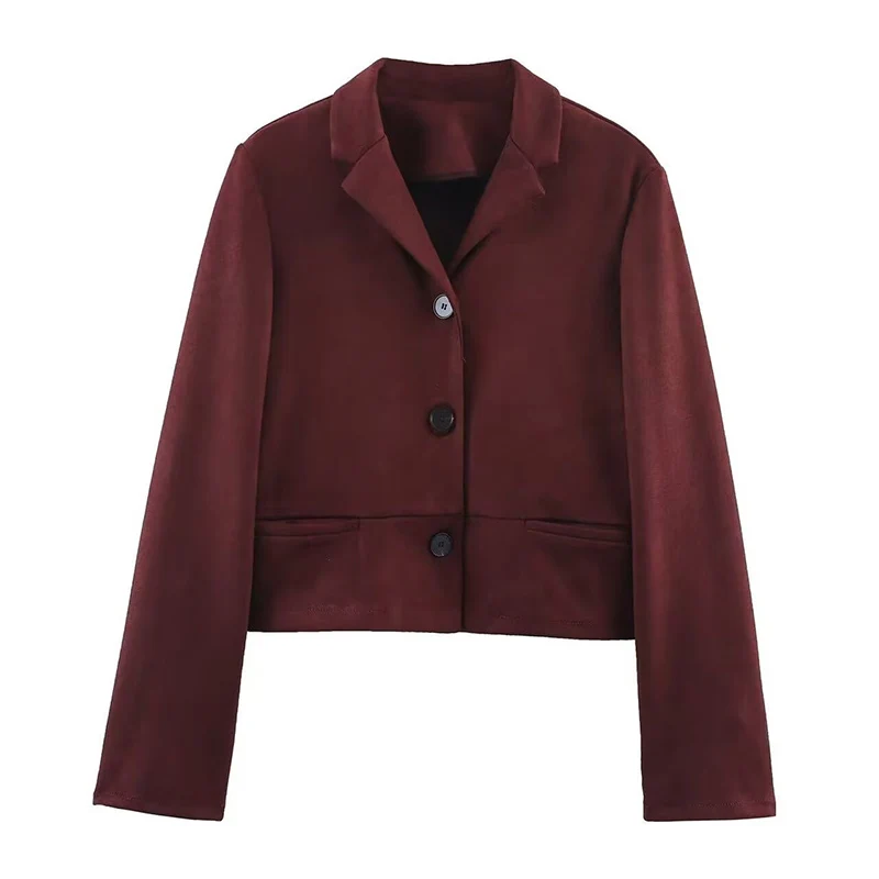 New Suede Textured Blazer for Woman Spring Autumn Notched Collar Short Blazers Coat Single Breasted Burgundy Women's Jacket