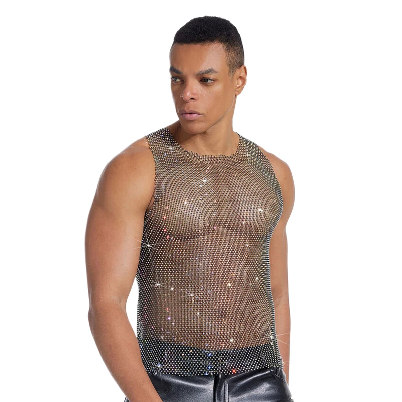 Herren-Tanktop mit glitzerndem Strass-Mesh, durchsichtig, ärmellos, Clubwear, Party-Weste, Herren-T-Shirts und Tanktops, майка мужская – Detail 2