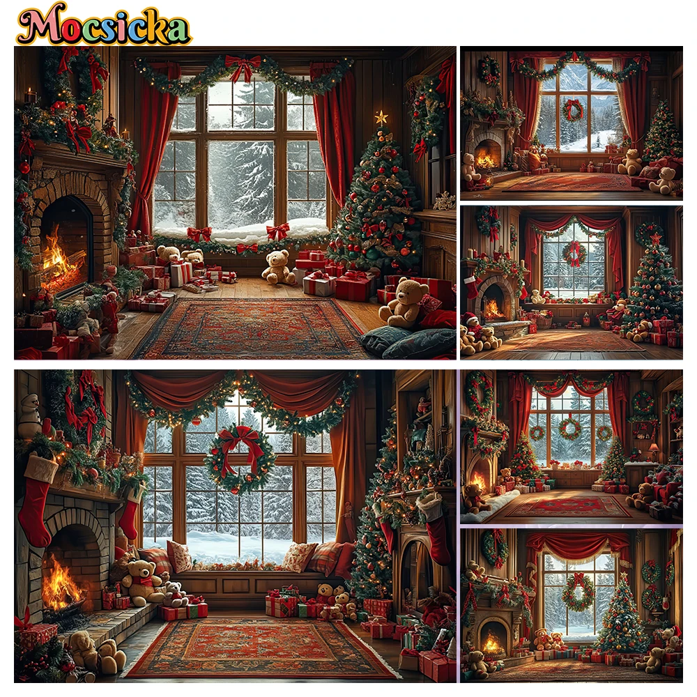 

Mocsicka Winter Christmas Photography Background Warm Fireplace Teddy Bear Holiday Party Family Portrait Photo Backdrops Studio