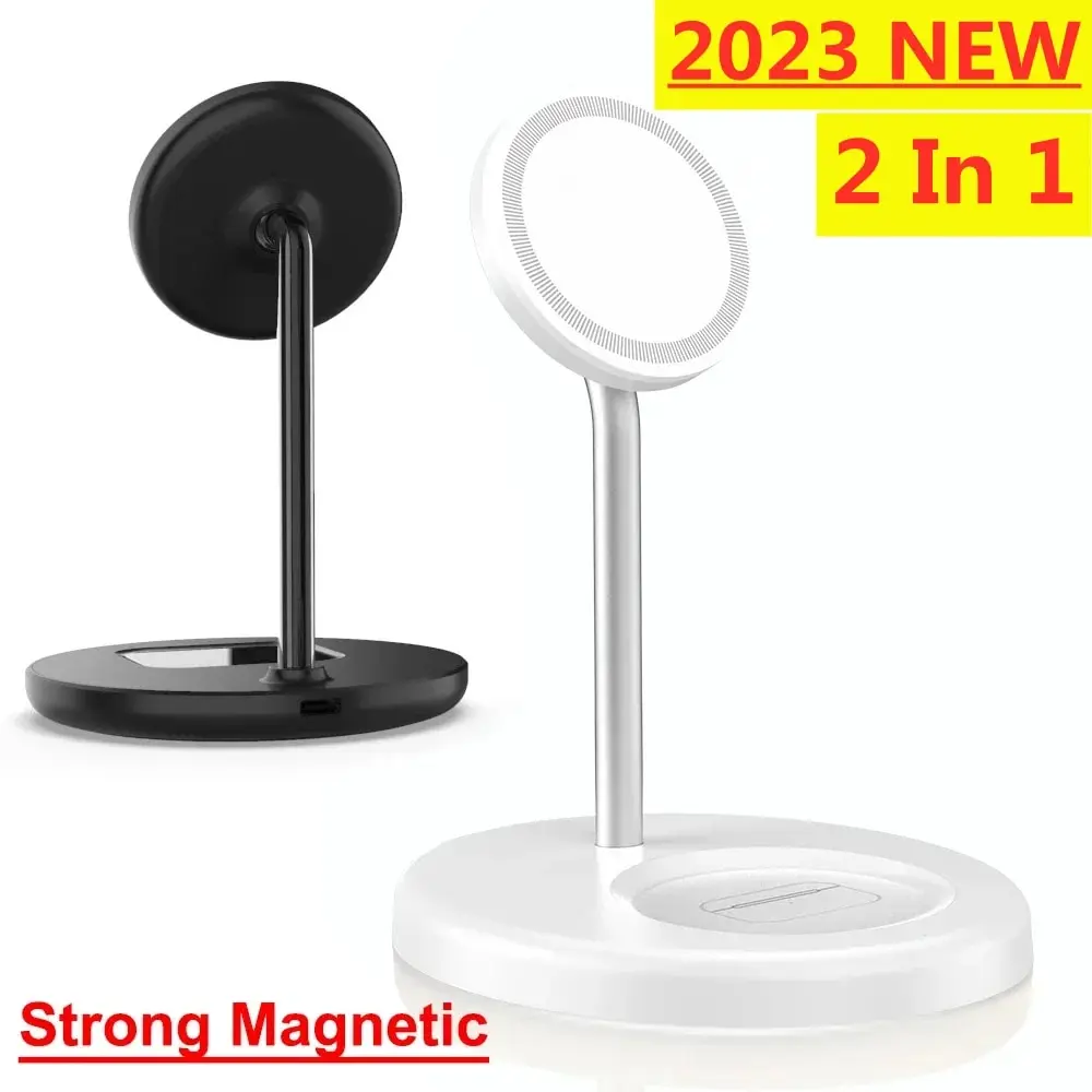 2 In 1 Magnetic Wireless Charger Stand Desktop Mobile Phone Holder Fast Charging Station for iPhone 15 14 13 12 Pro Max Airpods