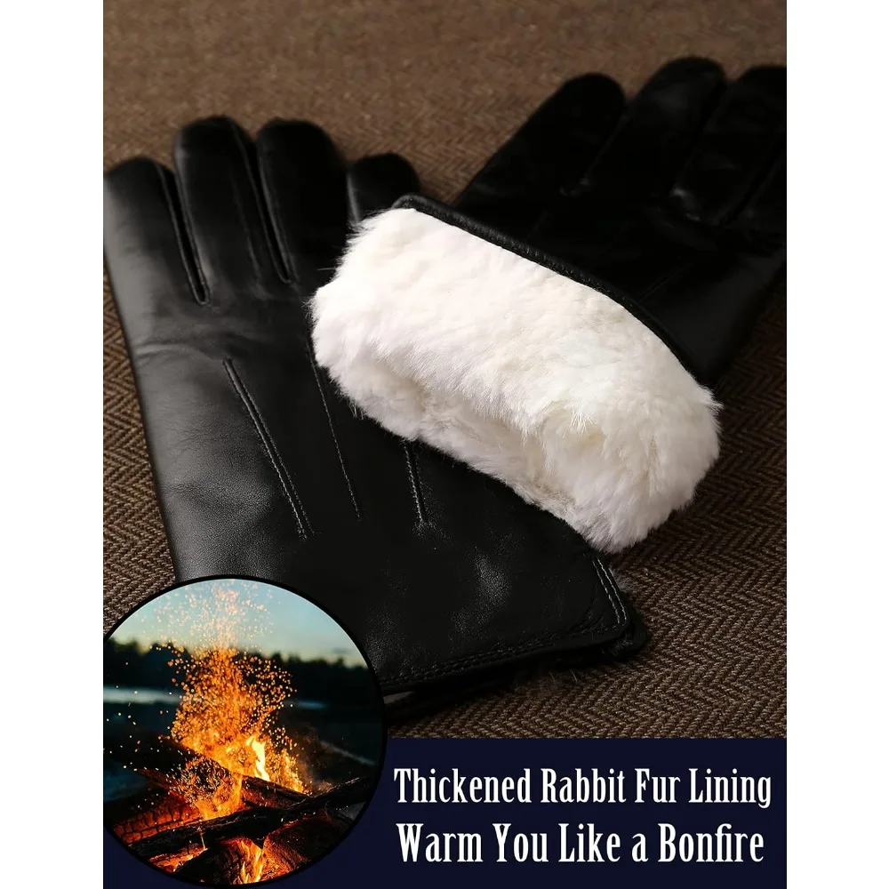 قفازات جلدية دافئة من فراء الأرانب للاستخدام والقيادة التي تعمل باللمس، مثالية للرسائل النصية في الشتاء