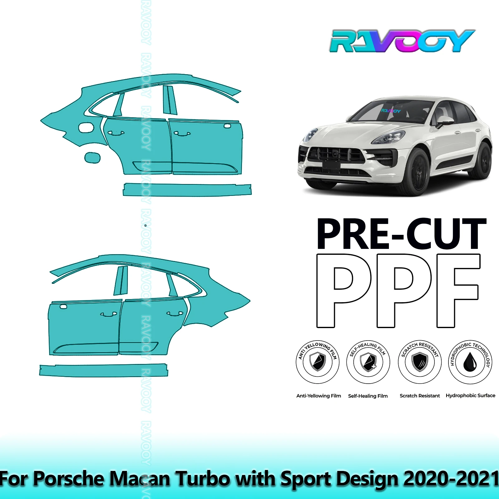 

For Porsche Macan Turbo with Sport Design 2020-2021 8.5mil Pre-Cut PPF Door & A/B Pillar Kit TPU Paint Protection Film Set