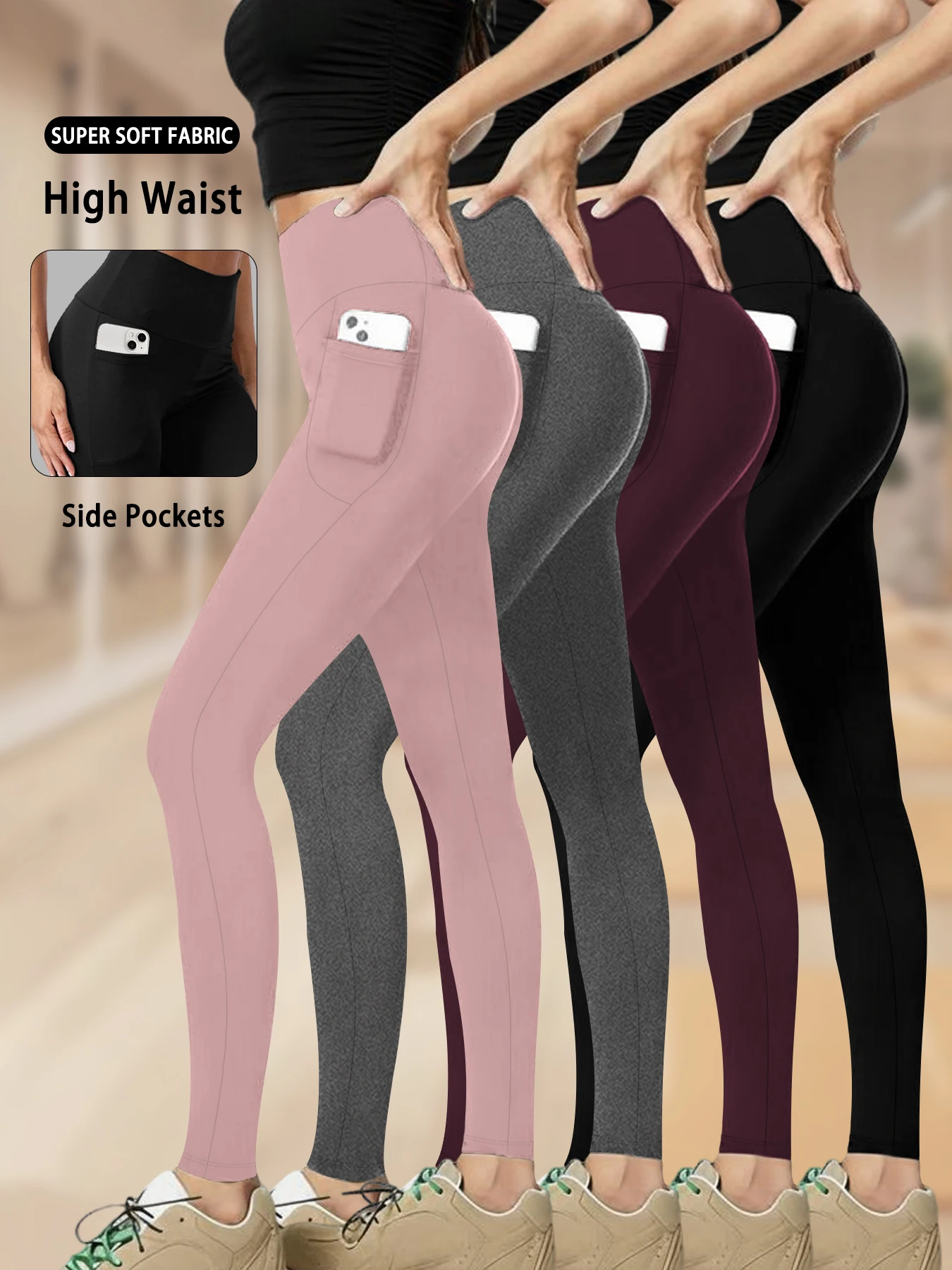 

4 Pack Super Soft Sports Leggings With Pockets For Women, High Waisted Tummy Control Workout Yoga Running Tight Pants.