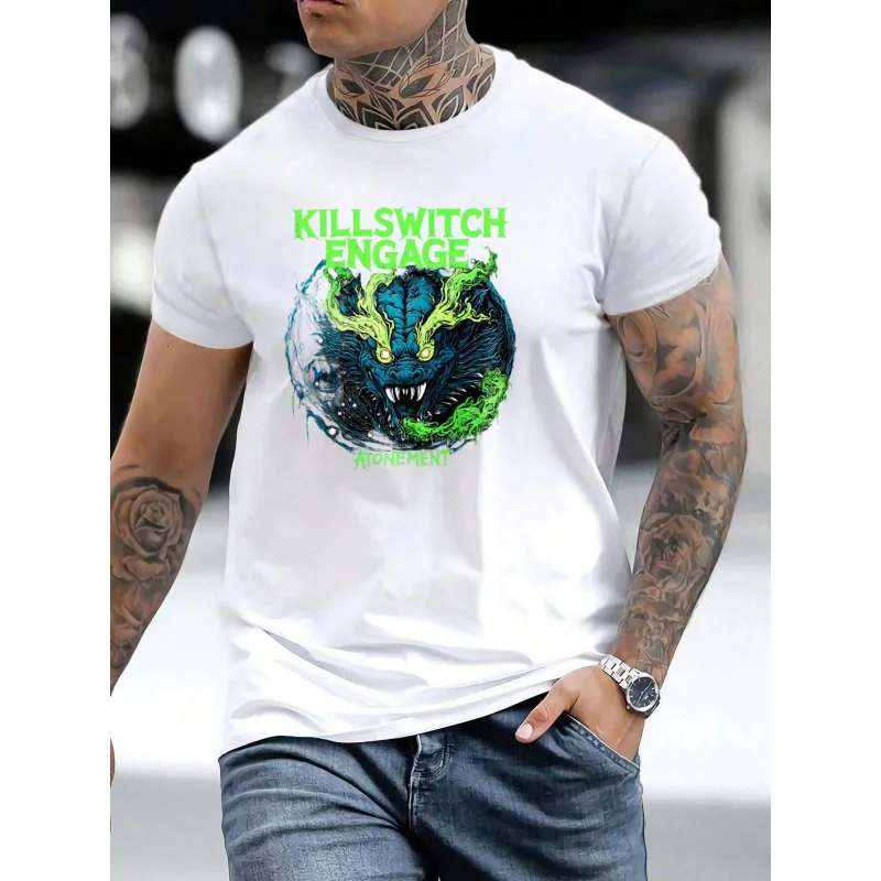 

Men's T-Shirt White Killswitch Engage Atonement Dragon Print High Quality Cotton 180g
