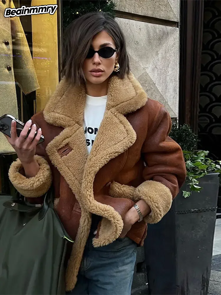 Women Chic Sherpa Patchwork Big Lapel Coat Loose Single Breasted Pocket Warm Jacket Autumn Winter Lady Street Commute Outwears