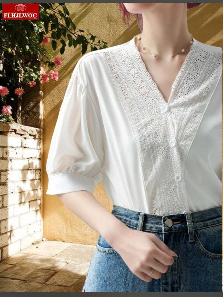 

Embroidery Lace Tops Blouses New Fashion Women Summer Short Sleeve Button Puff Sleeve Office Lady V Neck White Shirts