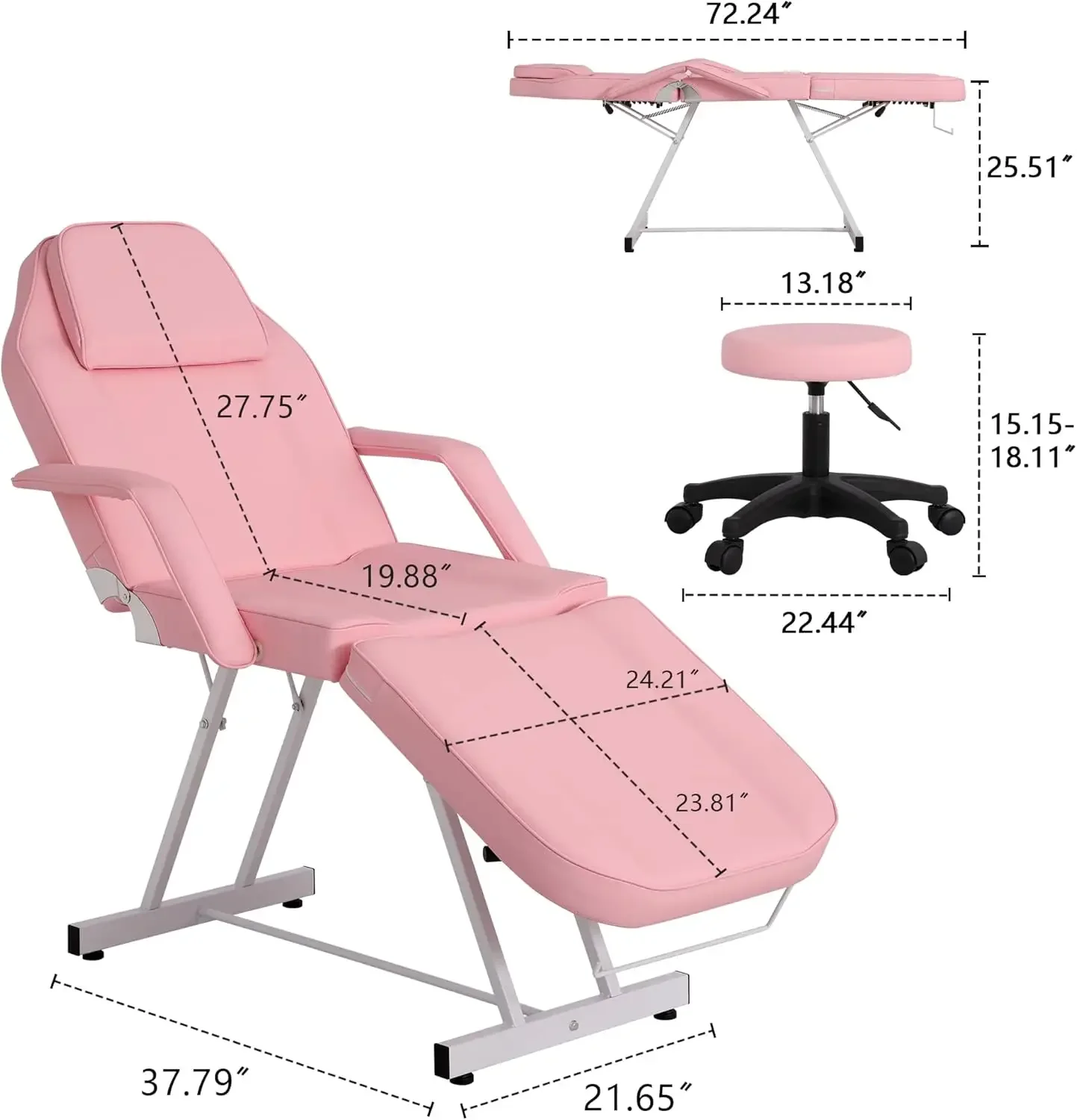 Tattoo Chair, Adjustable Facial Chair 73 Inch Salon Bed with Hydraulic Stool for Professional Massage Beauty Spa (Pink)