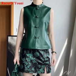 Vintage Genuine Leather Vest For Women Chinese Style Standing Collar Waistcoat Single Row Pipa Buckle Green Chalecos Mujer