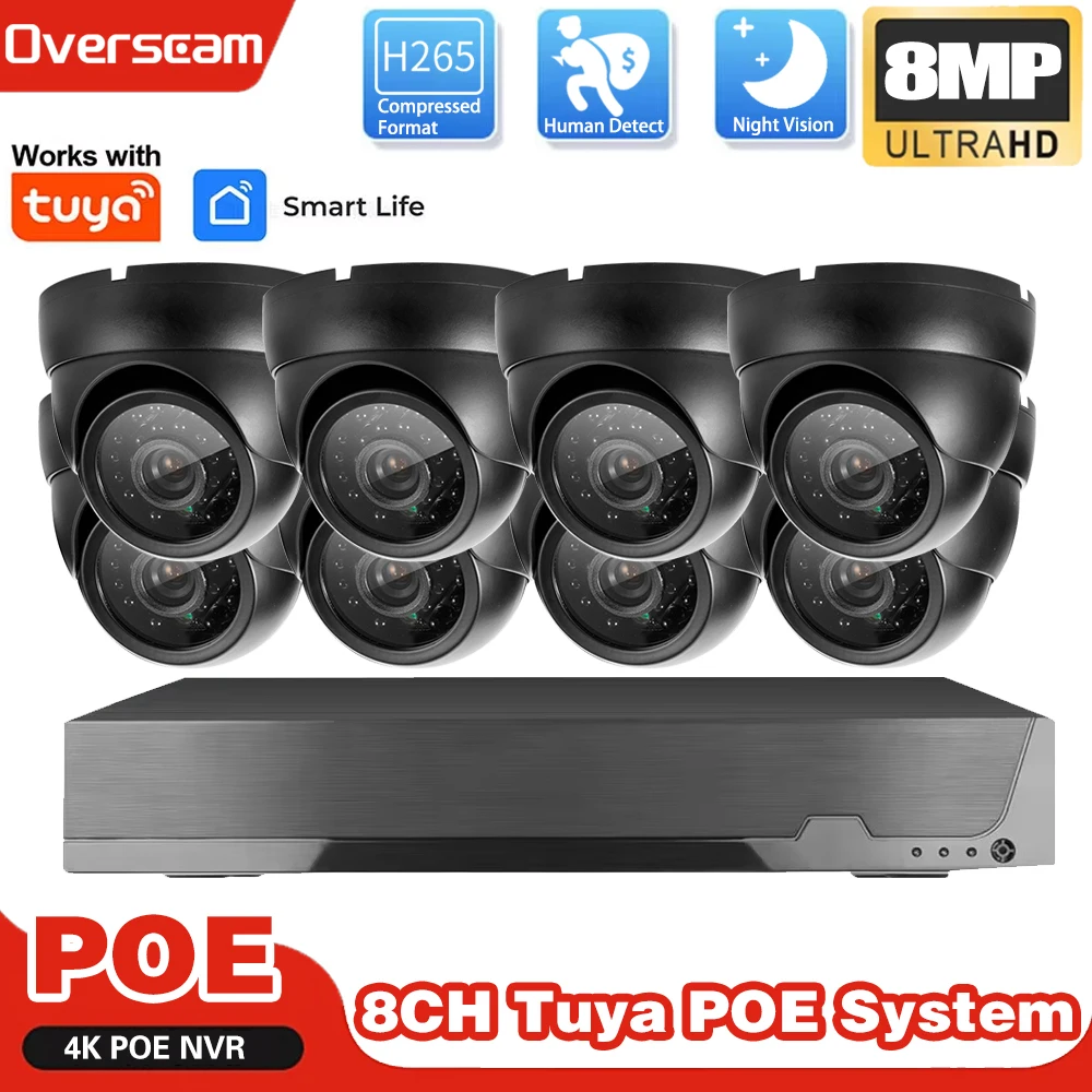 

8MP H.265 4K Система камер безопасности Tuya 8CH POE NVR 8.0MP 5MP IP-камера Крытый и открытый комплект видеонаблюдения с обнаружением движения