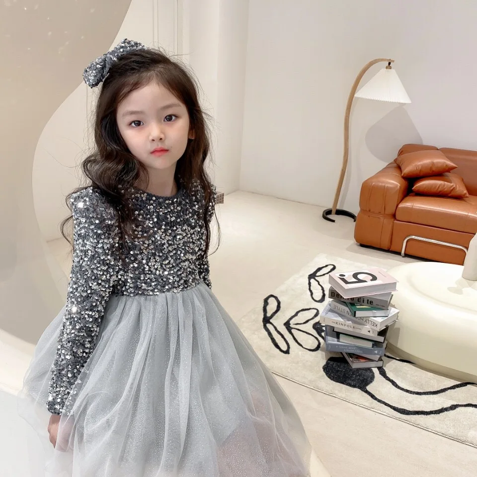 2024 New Sequins Girls Princess Dress for Kids Wedding Christmas Birthday Party Dress for Children Elegant Girl Dress for 3-8Yrs