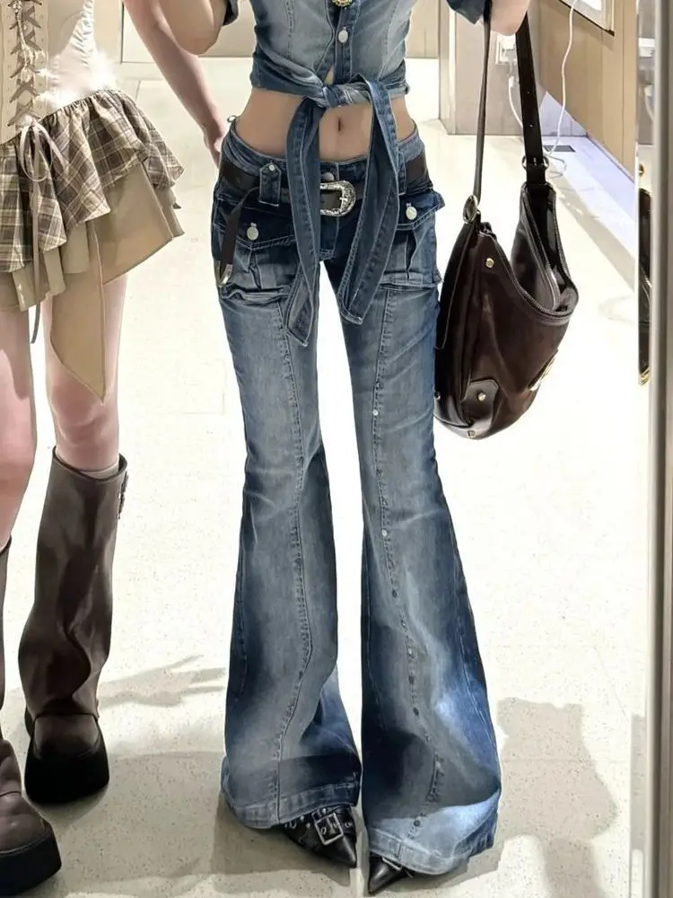 

Women's Vintage Low Rise Bootcut Jeans-American Retro 3D Pocket Flared Denim Pants High Street Summer Slim Fit Floor Length