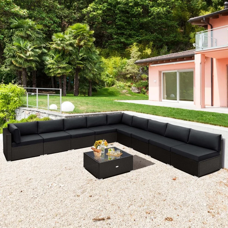 

10-Piece Outdoor Rattan Furniture Set with Cushioned Sofa and Table - Black Wicker Garden Seating