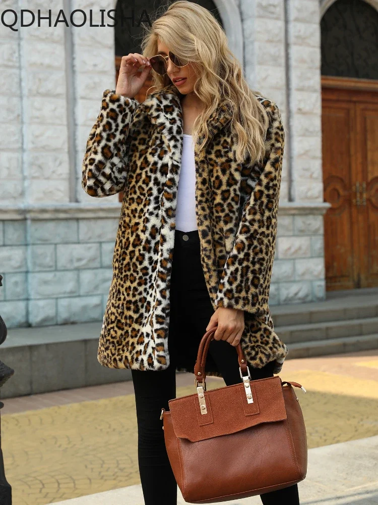 Women\'s Coat Autumn Winter Leopard Pattern Suit Collar Mid Length Imitation Fur Coat Top Winter Clothes Women 2023 Fashion Coat