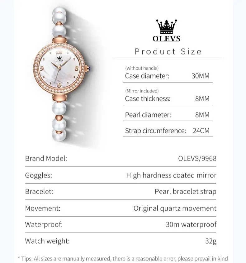 OLEVS 9968 Fashion Quartz Watch For Women Pearl Bracelet Strap Waterproof Wristwatch Number Scale Original Top Brand Woman Watch