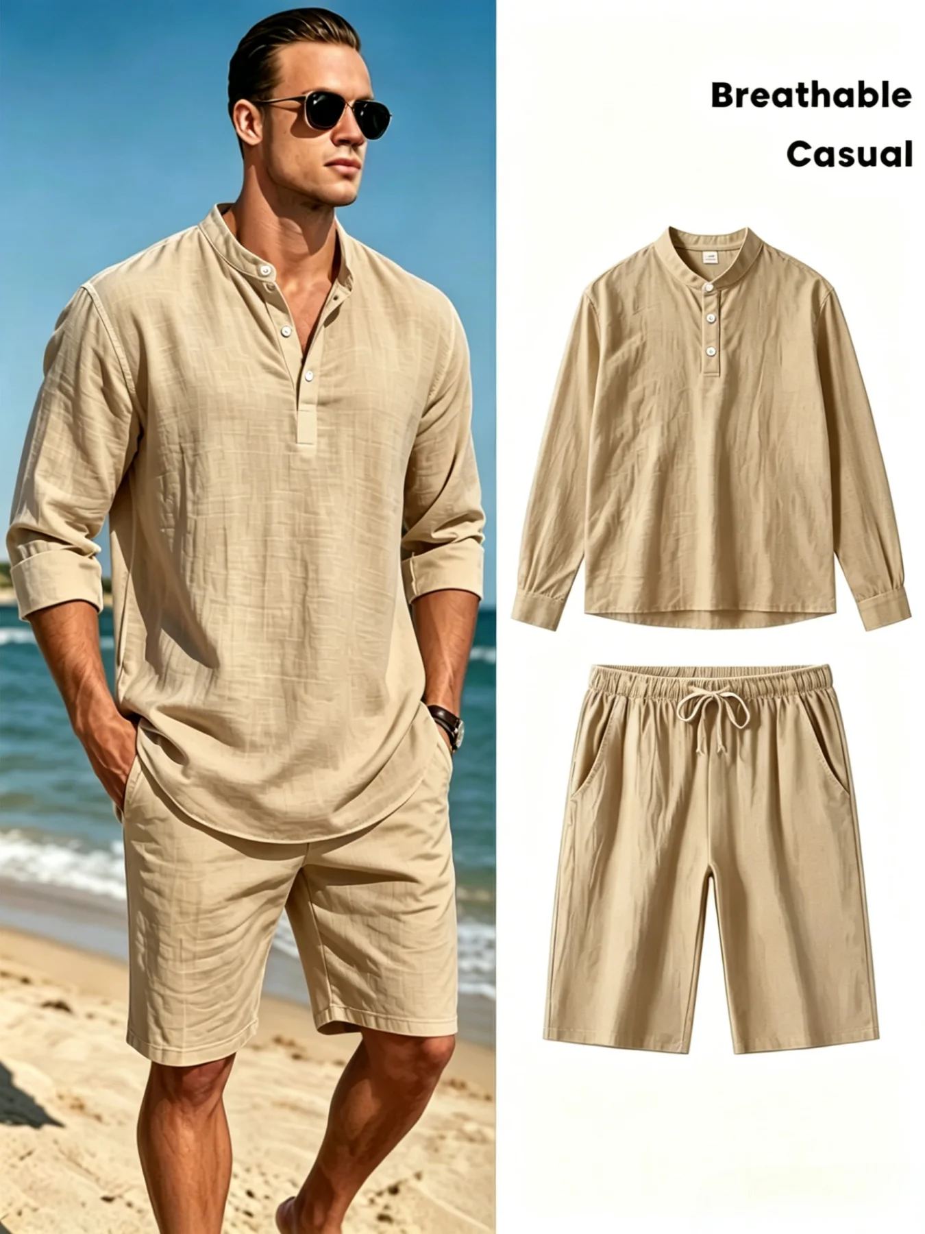 

Men's Breathable Linen Blend Set Roll-up Henley Shirt & Shorts Summer Loose Casual Two-piece
