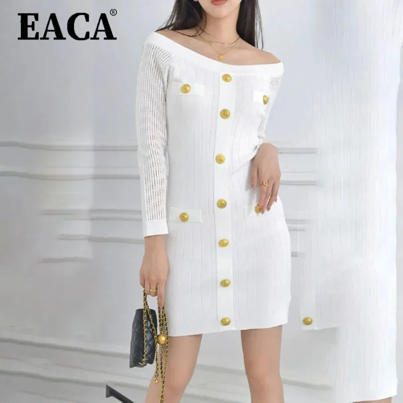 

EACA Sexy Solid Gold Button Slim Fit 2025 Spring New Women's French Simple And Slim Look, Wrapped Hip Bottom Knitted Dress