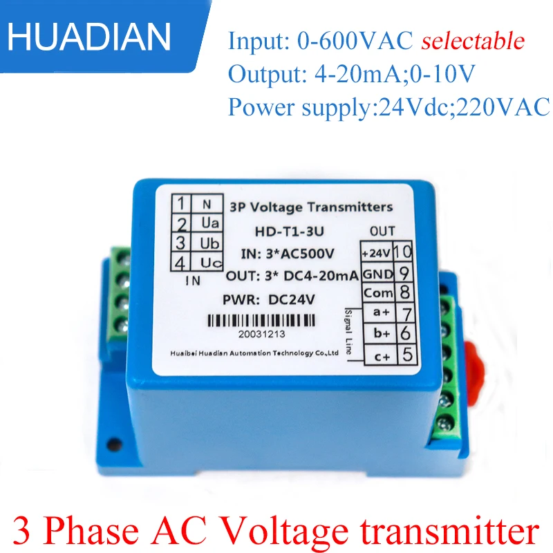 500VAC 35Mm Din Rail Three Phase Voltage Transducer Transmitter 0-10V 0-5V 4-20mA