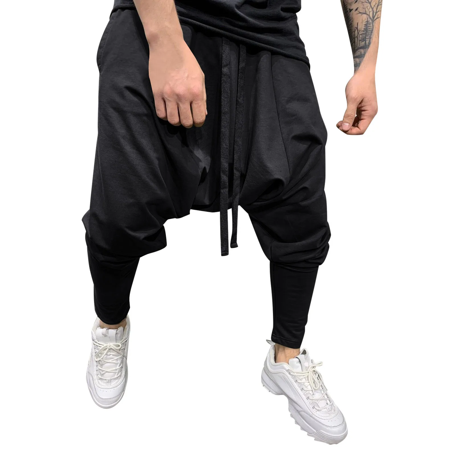 Mens Hip Hop Trend Pants Loose Solid Color Harlan Cropped Trousers Street Sports Casual Drop-Crotch Trousers For Man Ropa Hombre