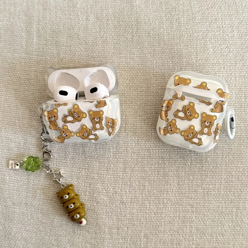 Japanese Korean Cute Cartoon Rilakkuma Headphones Case For AirPods 1/2/3/4/Pro/Pro2/Pro3 with Bear Keychain Clear Cover Girls view 3