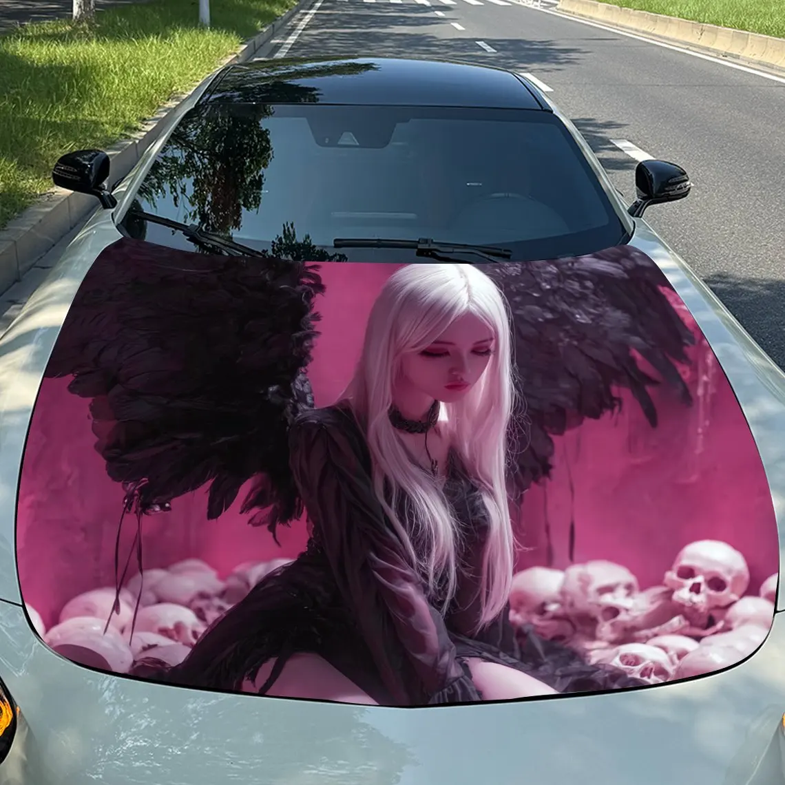 Pink Haired Beautiful Demon Car Hood Sticker PVC Self Waterproof Stick, Striking Auto Exterior Accessories Decor Protect Gift fo
