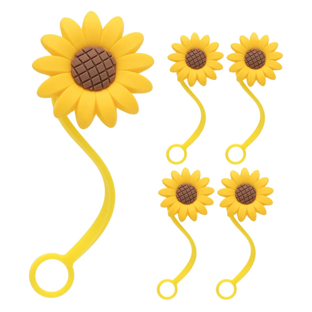 

5Pcs Sunflower Straw Caps Dust-Proof Silicone Covers Cute Flower Straw Plug for Tumblers Glass Straws Strawberry Toppers
