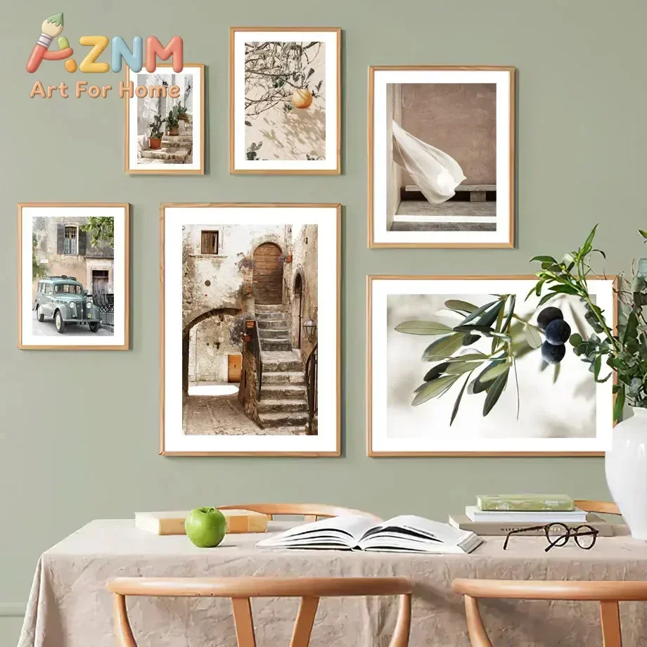 Mediterranean Beige Stairs Car Clay Pot Lemon Poster Print Canvas Painting Nordic Wall Art Pictures Living Room Home Decorati