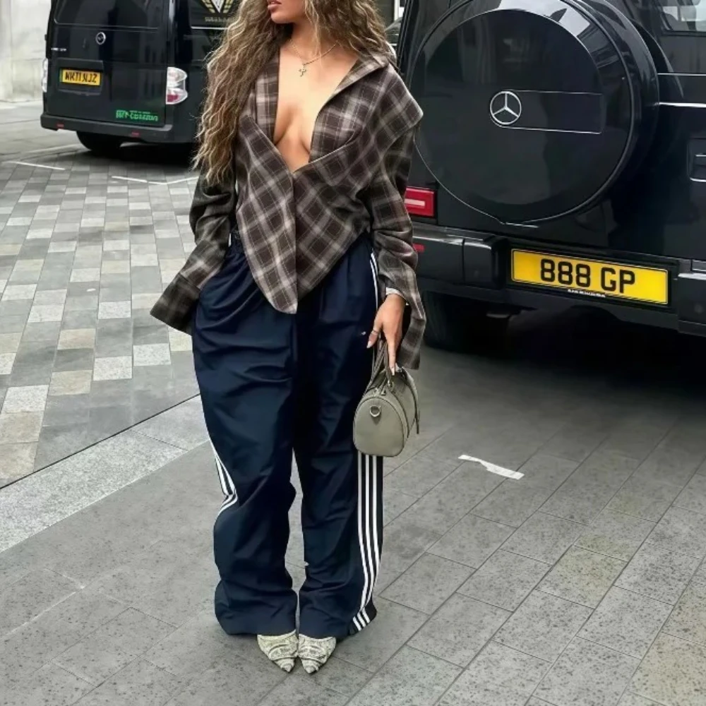 

Блузка женская весна-осень 2026, в клетку, асимметричная, модная, с отложным воротником, с длинным рукавом, свободная, в стиле стритвир