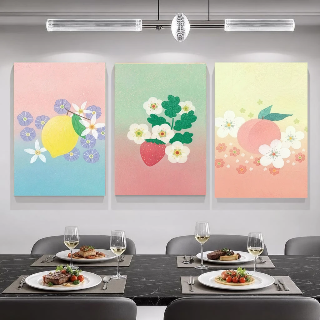 2D Flat, 2D Flat, 3pcs Modern Lemon Strawberry Peach with Floral Soft Colors Frameless Wall Art Home Decor Living Room Bedroo