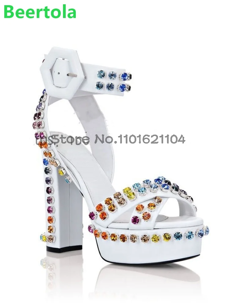 

Square Heel Platform Crystal Luxury Sandals For Female Women 2024 Summer New Round Toe Ankle Buckle Strap Slingback Dress Shoes