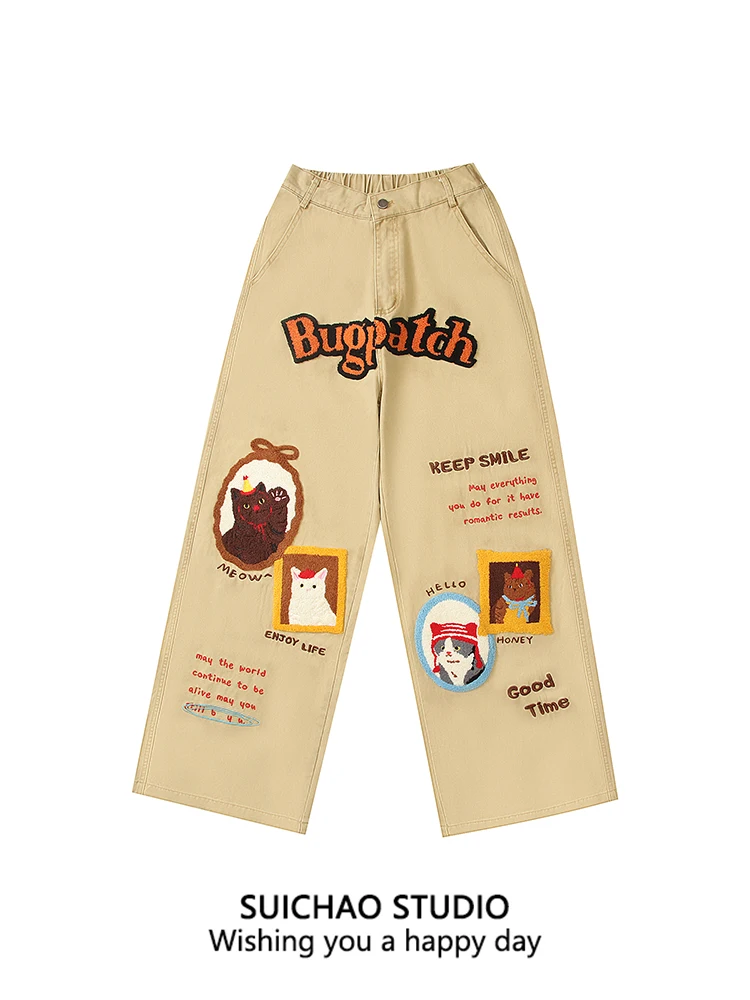 

Новые осенние женские брюки в стиле ретро с японским мультяшным принтом собаки, цвета хаки, повседневные, прямого кроя, удобные, свободные