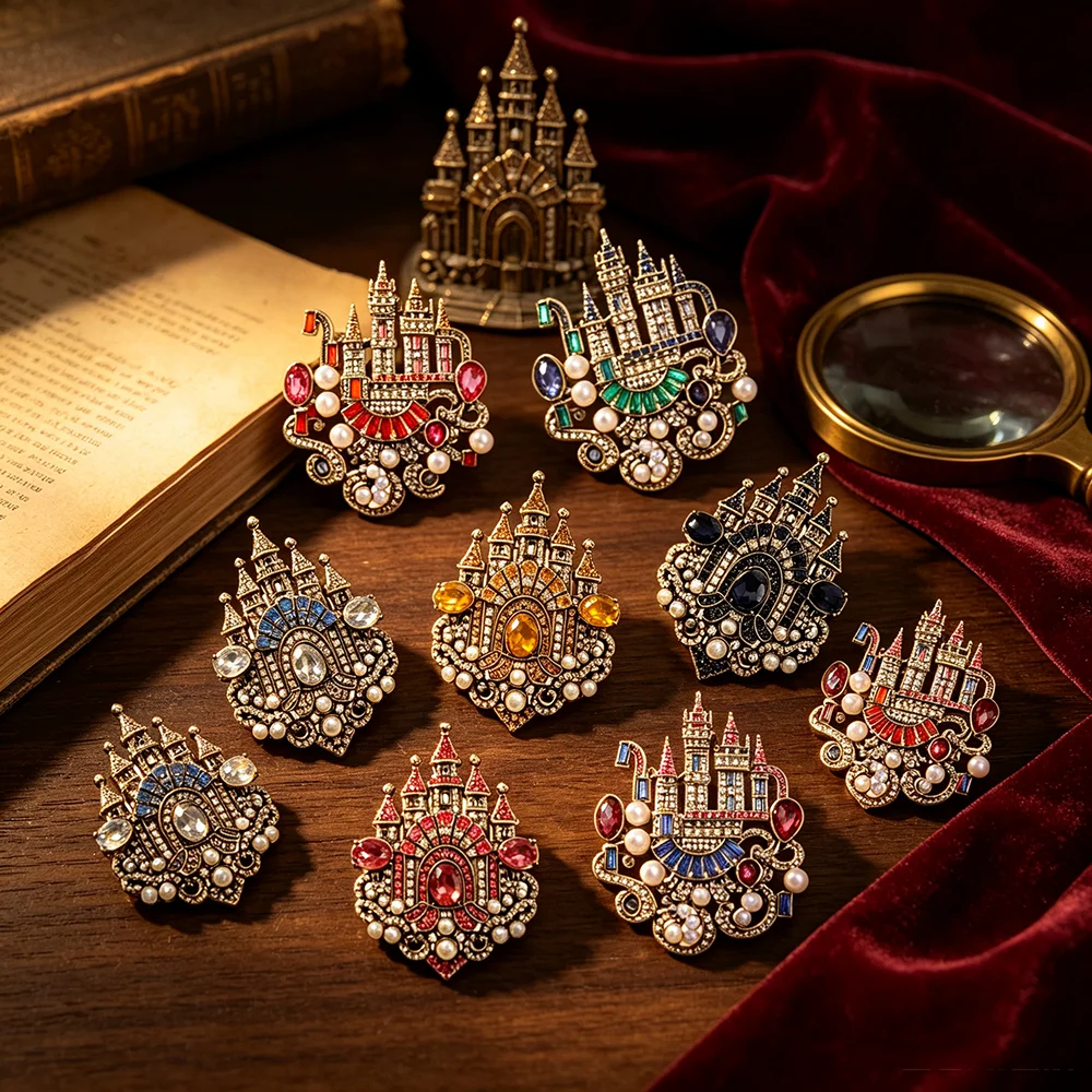 Vintage Castle Brooch, Pearl & Rhinestone Alloy Lapel Pin, Fairytale Palace Badge for Women Suit Scarf Decor Jewelry Gift
