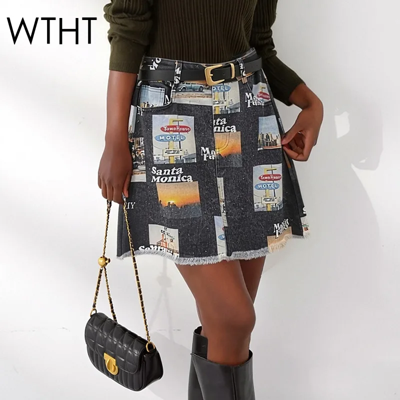 WTHT Fashion Summer 2026 Women Patchwork Cartoon Print Mini Denim Skirt Trendy Big Pocket A-line Wrap Hip Skirts Female 1LS3055