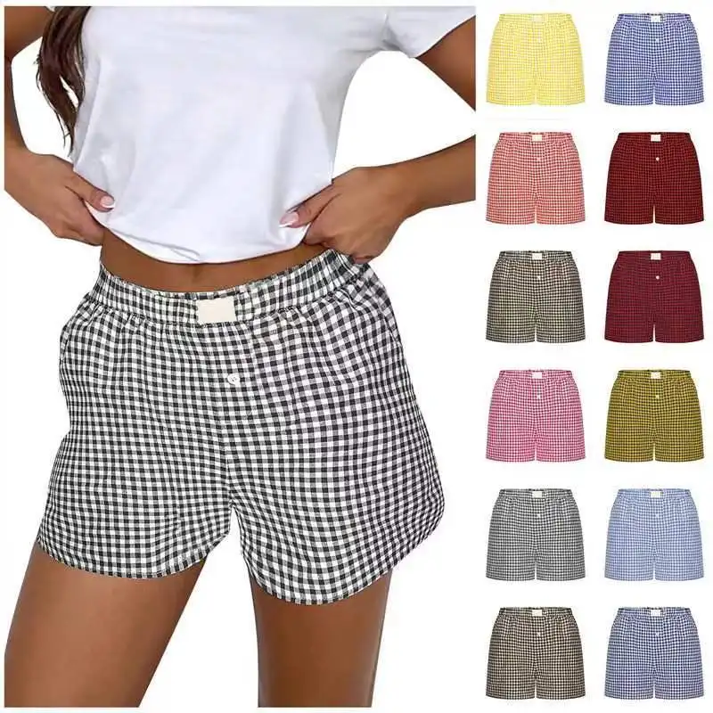 Boxers for Women Y2K Aesthetic Elastic Waist Striped Plaid Print Pajama Shorts Teen Girls Summer Cute Lounge Bottoms Sleepwear