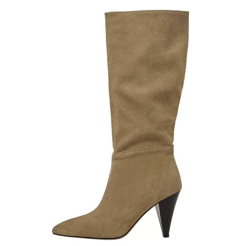 

Woman Mid Calf High Boots Sexy Spike Heel Shoes Spring Autumn Women Boots Sip On Cow Suede Trendy Shoes Pointed Toe Size 33-42
