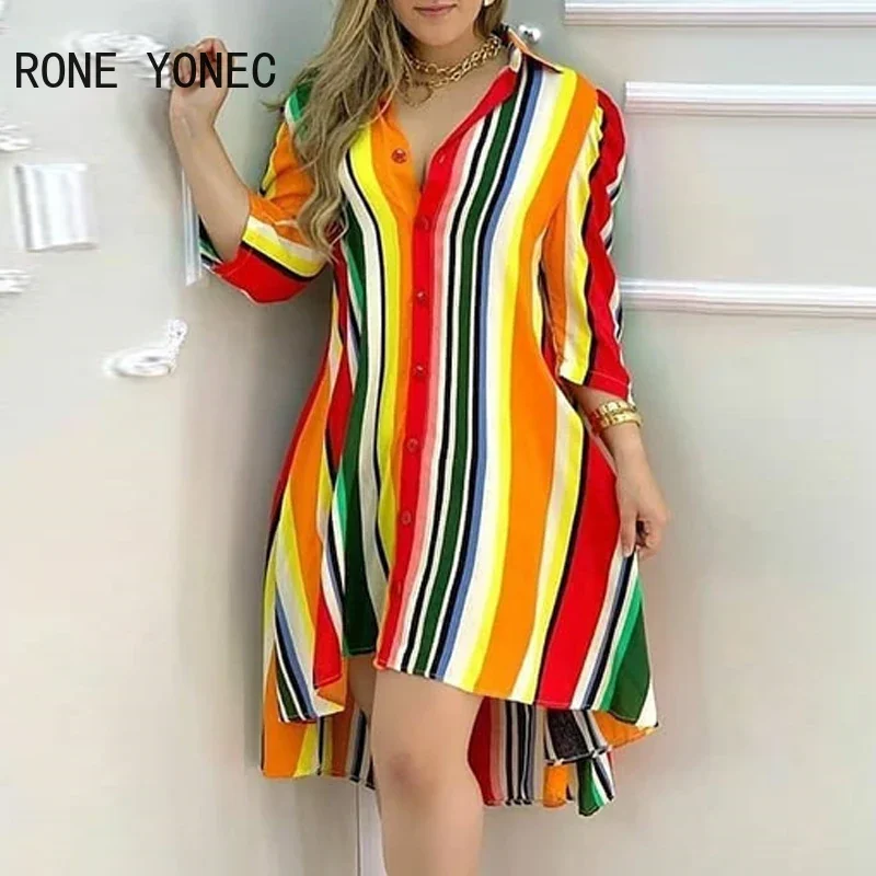 Women Casual button Colourful Striped Half Sleeve Dress